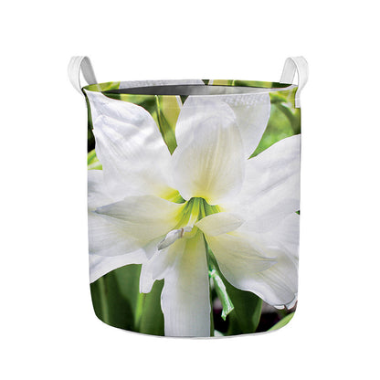 White Amaryllis Print Collapsible Laundry Basket