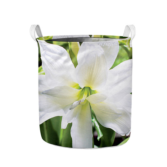 White Amaryllis Print Collapsible Laundry Basket