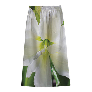 White Amaryllis Print Cotton Front Slit Maxi Skirt