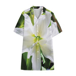 White Amaryllis Print Cotton Hawaiian Shirt