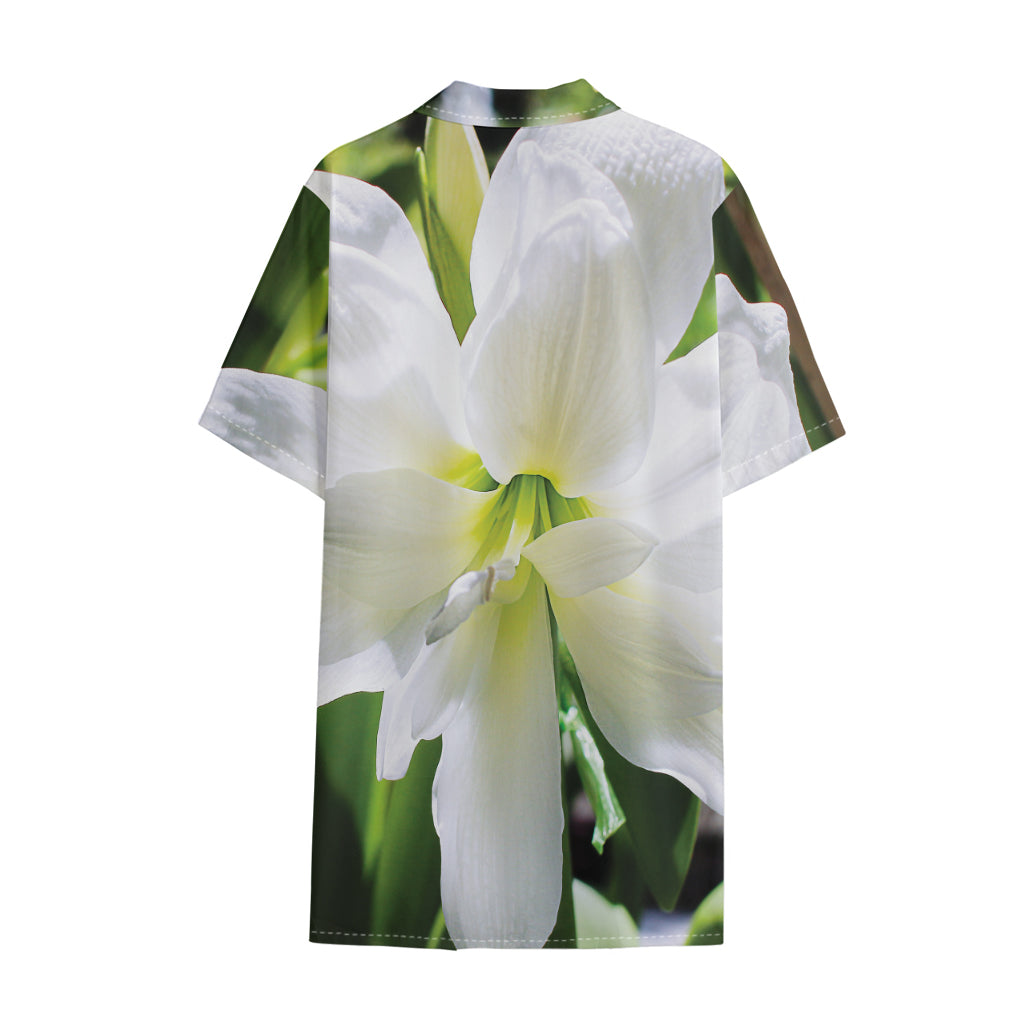 White Amaryllis Print Cotton Hawaiian Shirt