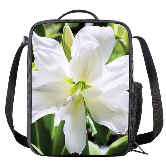 White Amaryllis Print Crossbody Lunch Bag