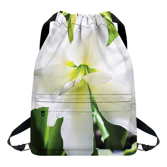 White Amaryllis Print Drawstring Backpack