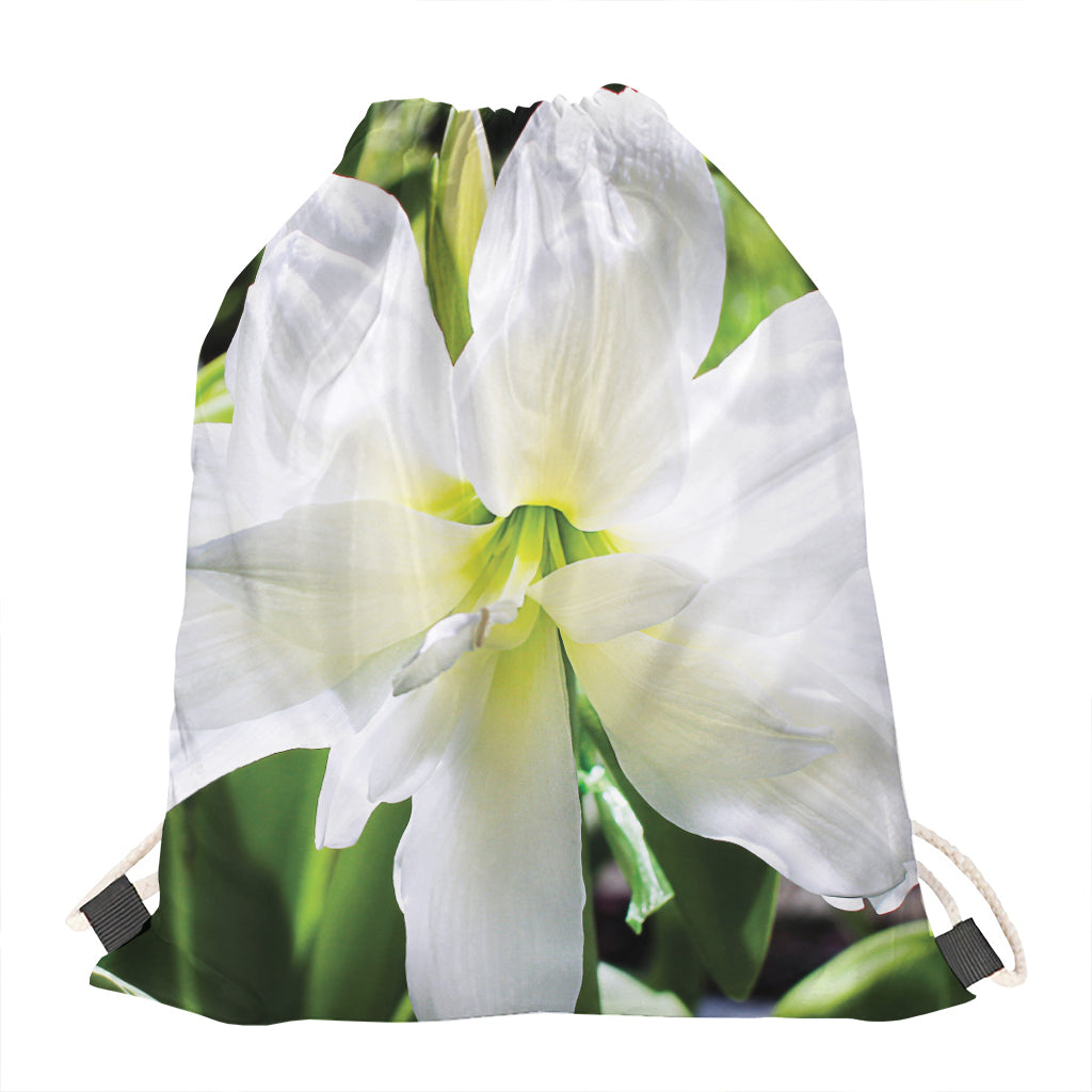 White Amaryllis Print Drawstring Bag