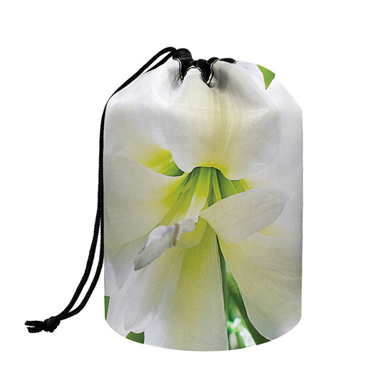 White Amaryllis Print Drawstring Makeup Bag