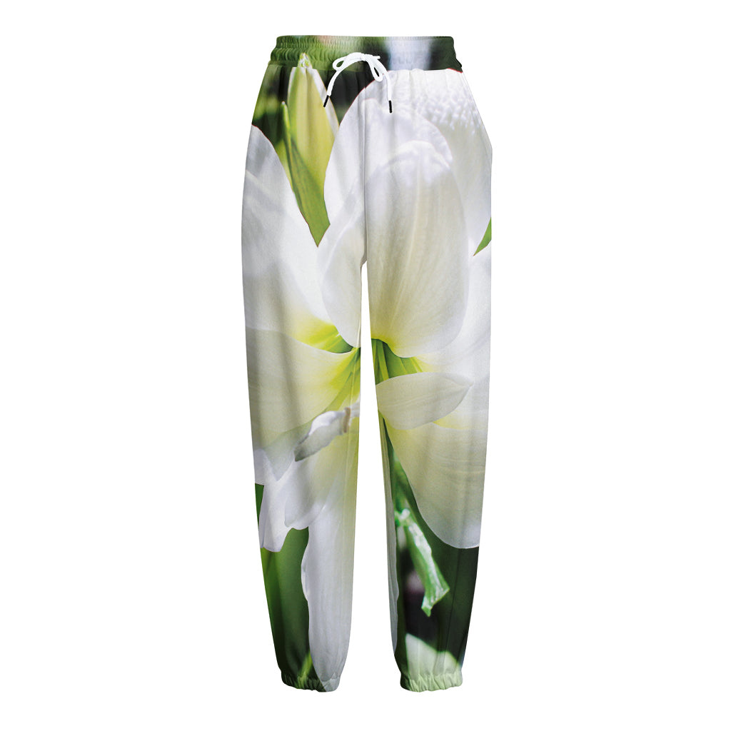 White Amaryllis Print Fleece Lined Knit Pants