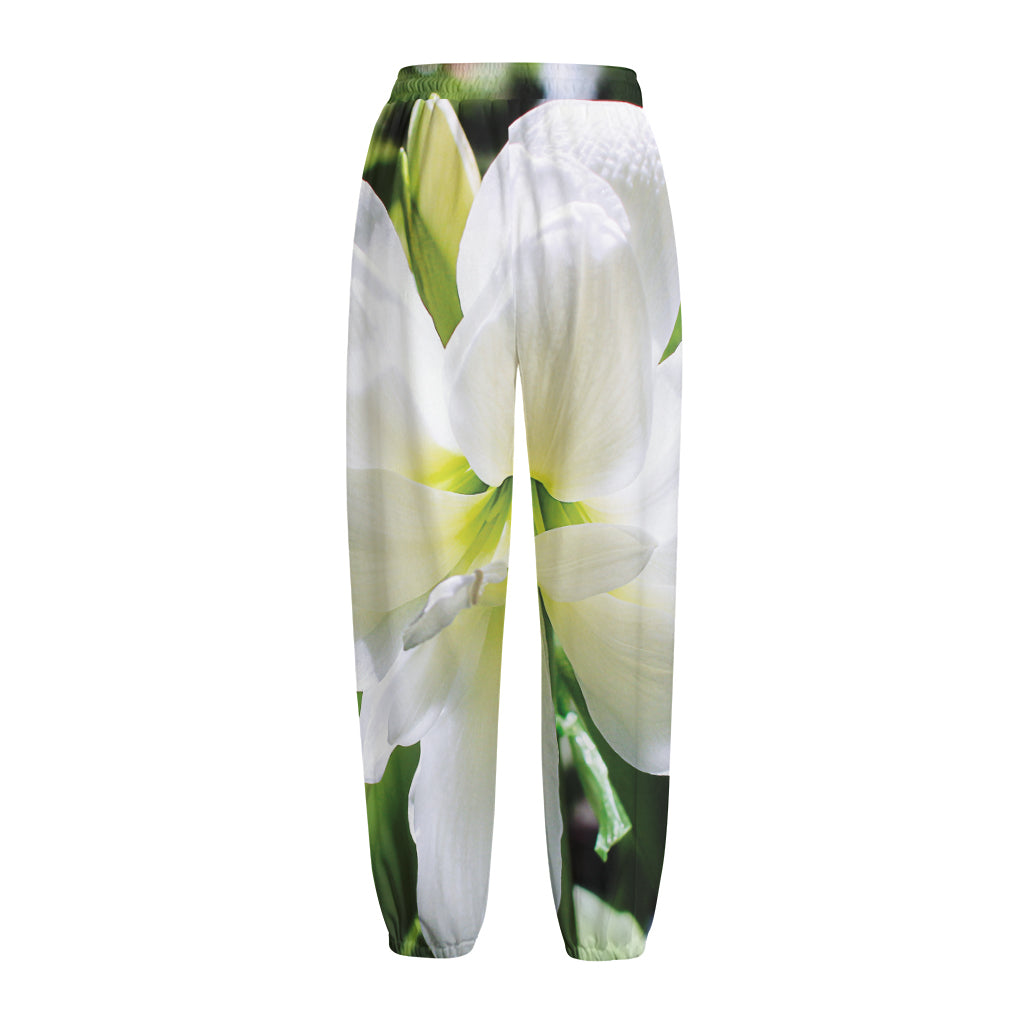 White Amaryllis Print Fleece Lined Knit Pants