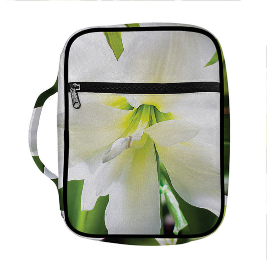 White Amaryllis Print Front Pocket Bible Bag