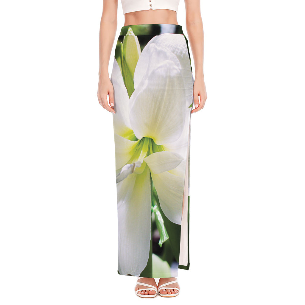 White Amaryllis Print High Slit Maxi Skirt