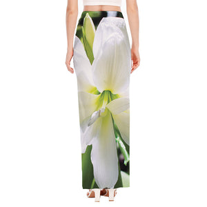 White Amaryllis Print High Slit Maxi Skirt