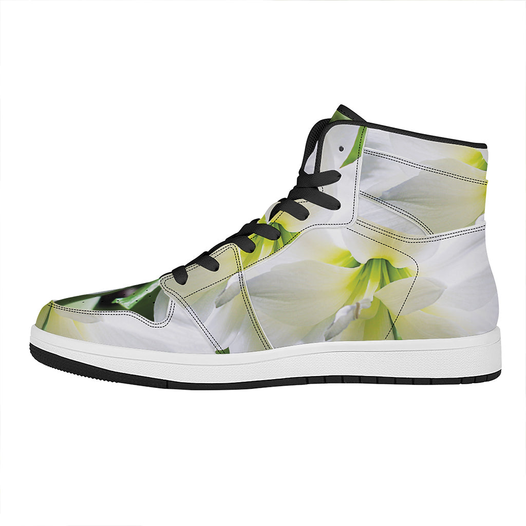 White Amaryllis Print High Top Leather Sneakers