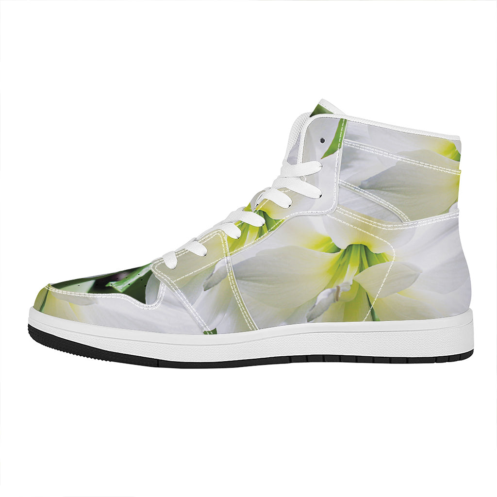 White Amaryllis Print High Top Leather Sneakers