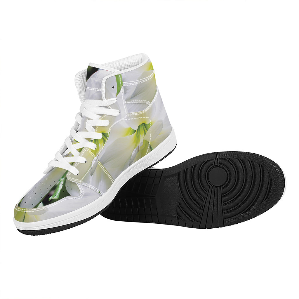 White Amaryllis Print High Top Leather Sneakers