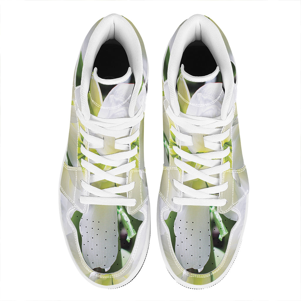 White Amaryllis Print High Top Leather Sneakers