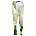 White Amaryllis Print High-Waisted Pocket Leggings