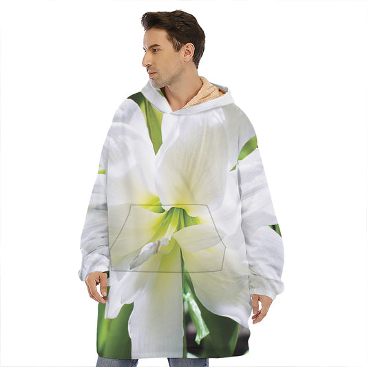 White Amaryllis Print Hoodie Blanket