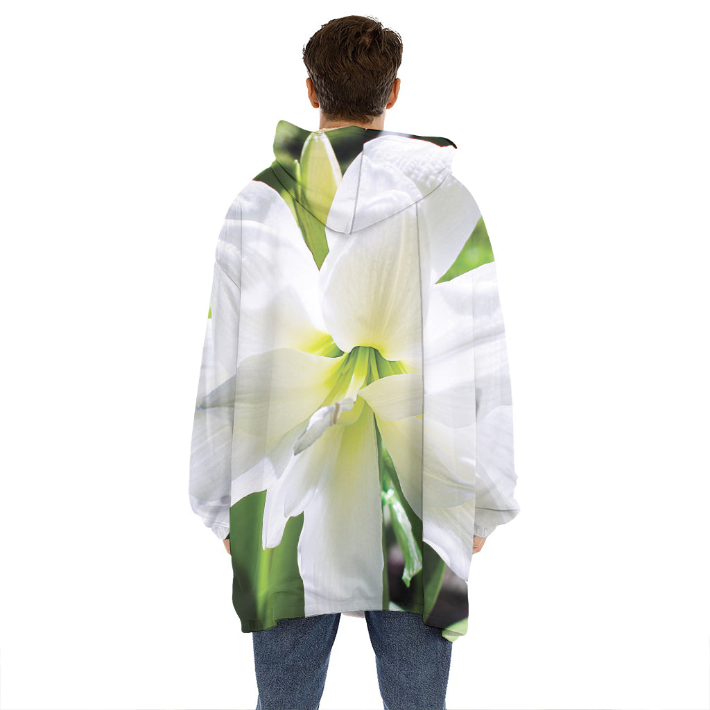 White Amaryllis Print Hoodie Blanket