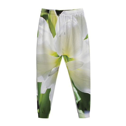 White Amaryllis Print Jogger Pants