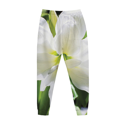 White Amaryllis Print Jogger Pants
