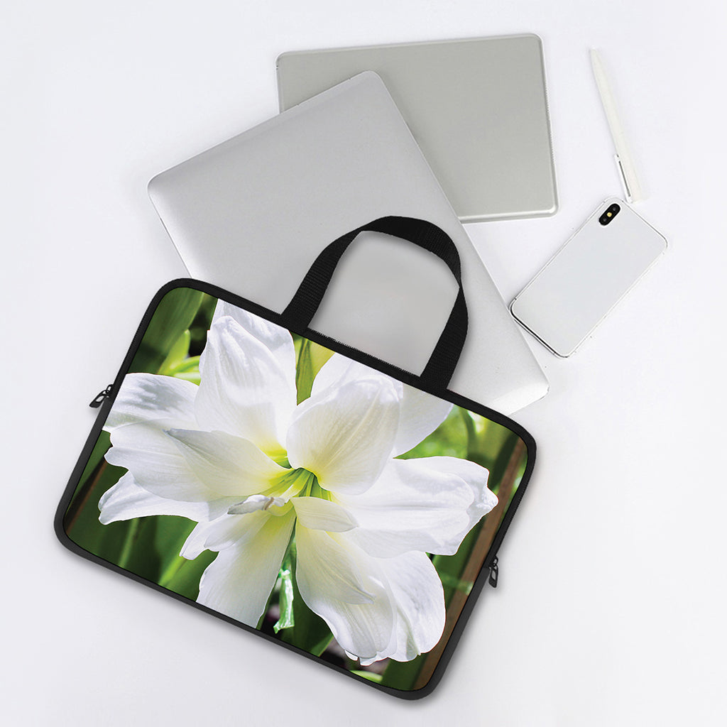 White Amaryllis Print Laptop Sleeve With Handle