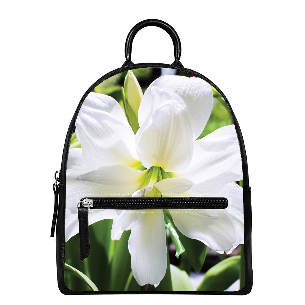 White Amaryllis Print Leather Backpack