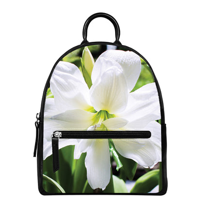White Amaryllis Print Leather Backpack