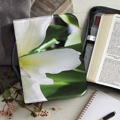White Amaryllis Print Leather Bible Cover
