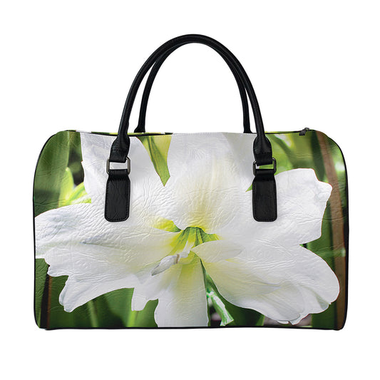 White Amaryllis Print Leather Duffle Bag