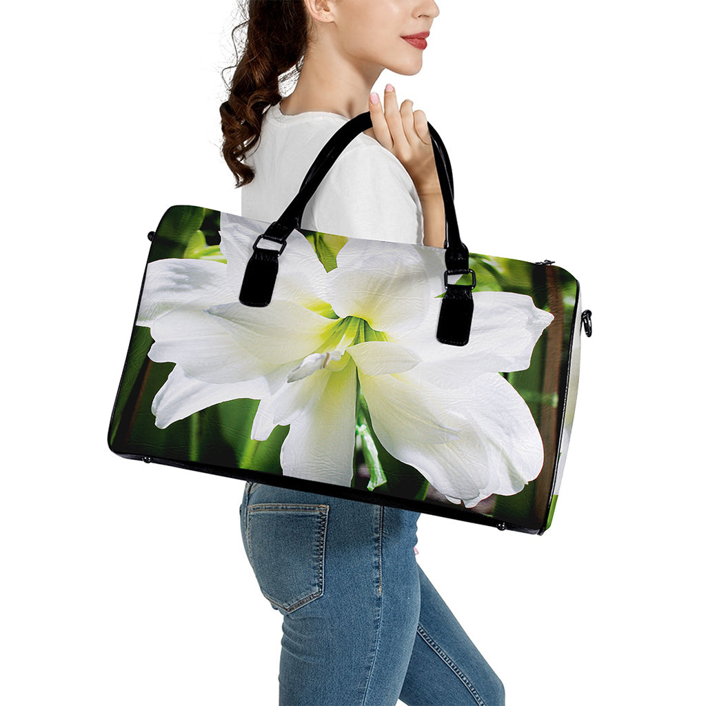 White Amaryllis Print Leather Duffle Bag