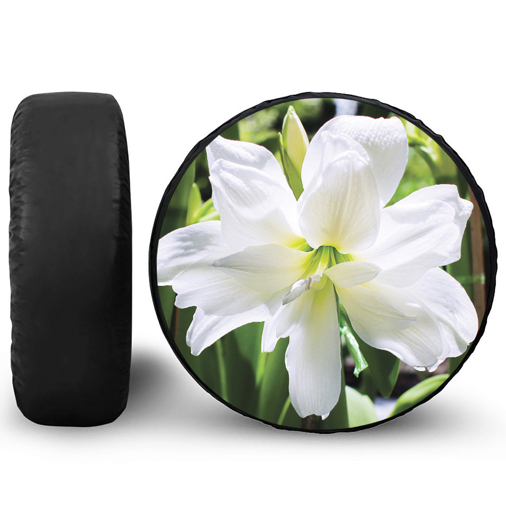 White Amaryllis Print Leather Spare Tire Cover
