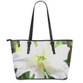 White Amaryllis Print Leather Tote Bag With Zipper