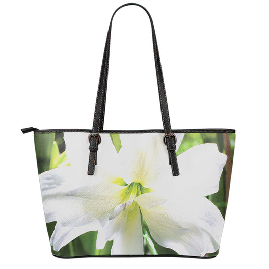 White Amaryllis Print Leather Tote Bag