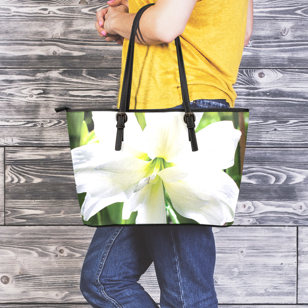 White Amaryllis Print Leather Tote Bag