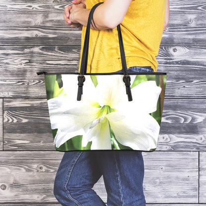 White Amaryllis Print Leather Tote Bag
