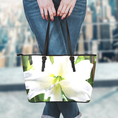 White Amaryllis Print Leather Tote Bag