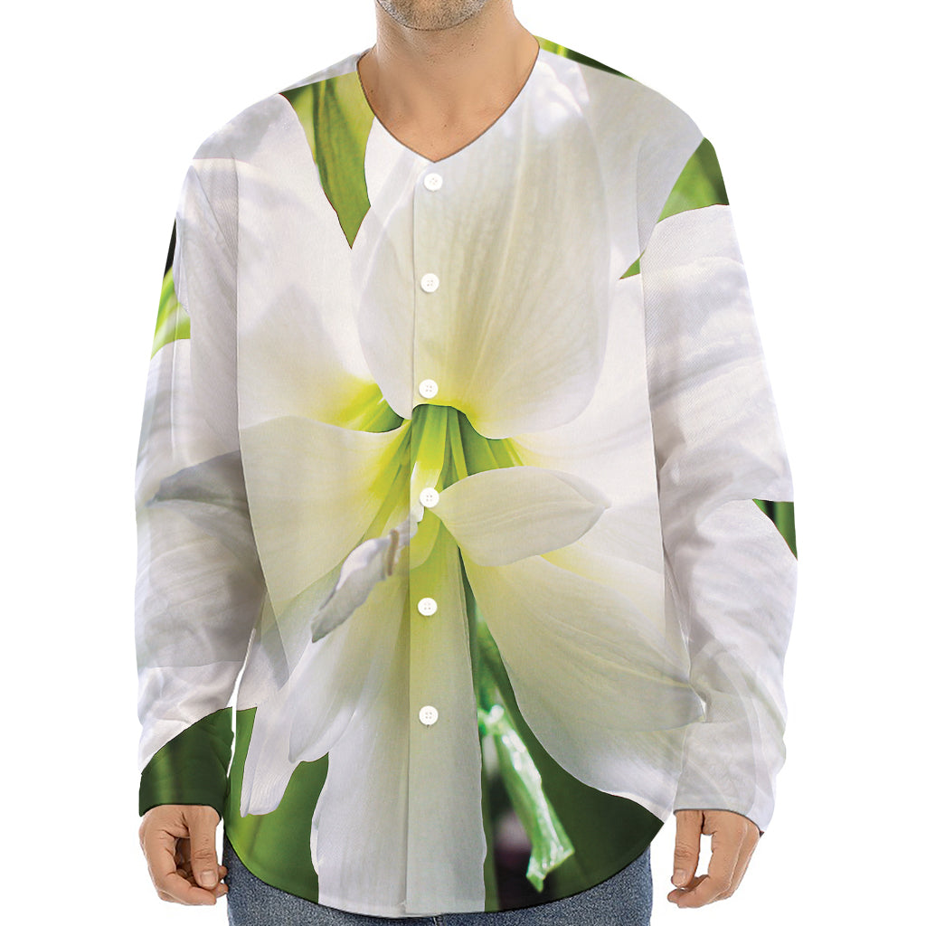 White Amaryllis Print Long Sleeve Baseball Jersey