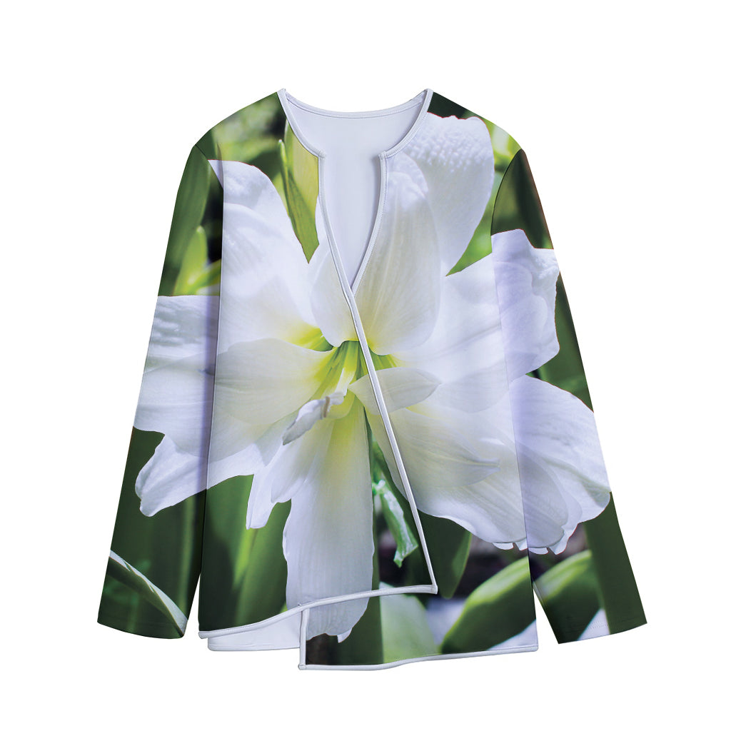 White Amaryllis Print Long Sleeve Short Coat