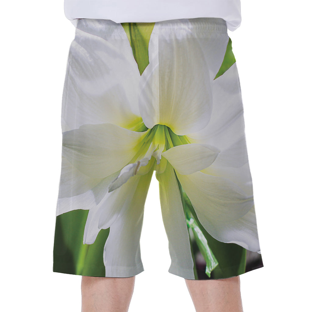 White Amaryllis Print Men's Beach Shorts