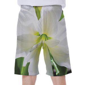 White Amaryllis Print Men's Beach Shorts