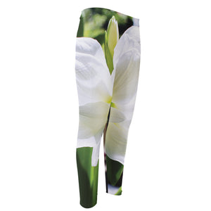 White Amaryllis Print Men's Compression Pants