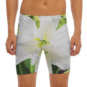 White Amaryllis Print Men's Long Boxer Briefs