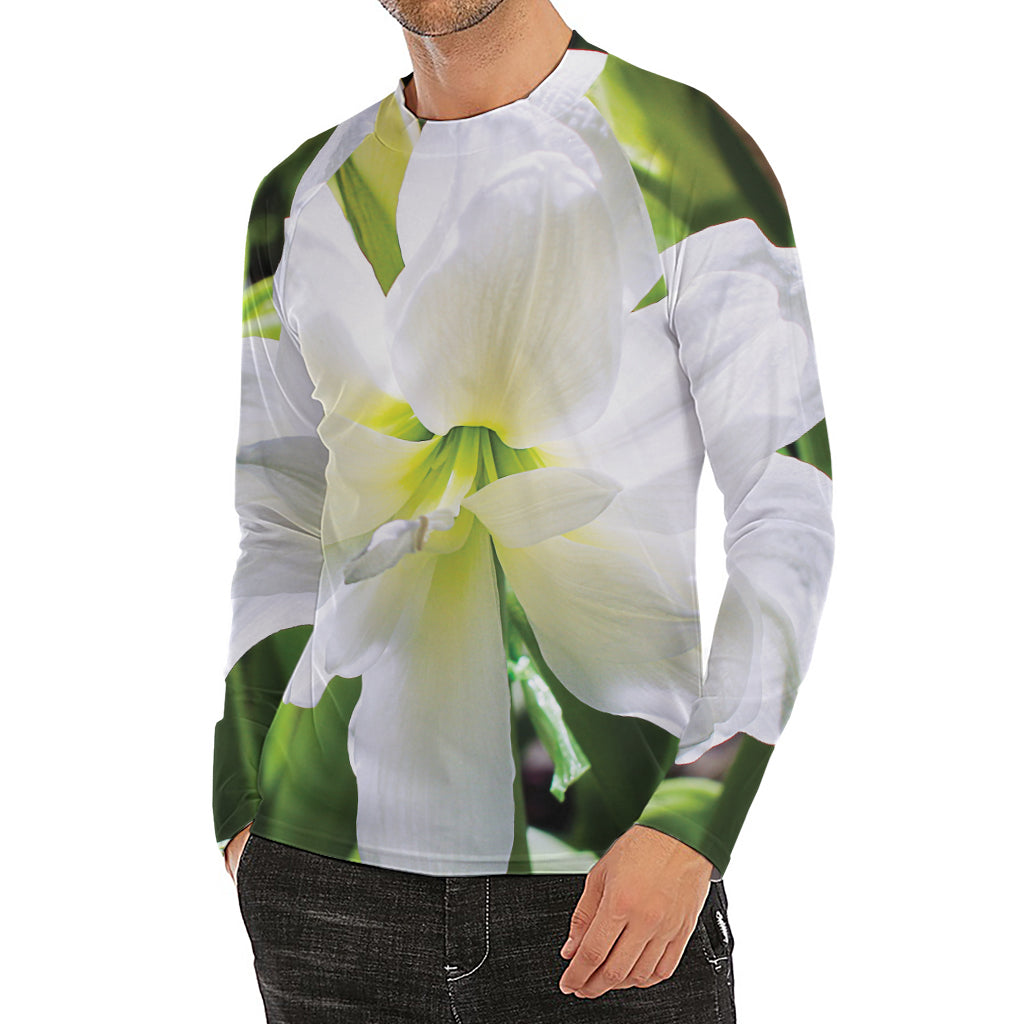 White Amaryllis Print Men's Long Sleeve Rash Guard