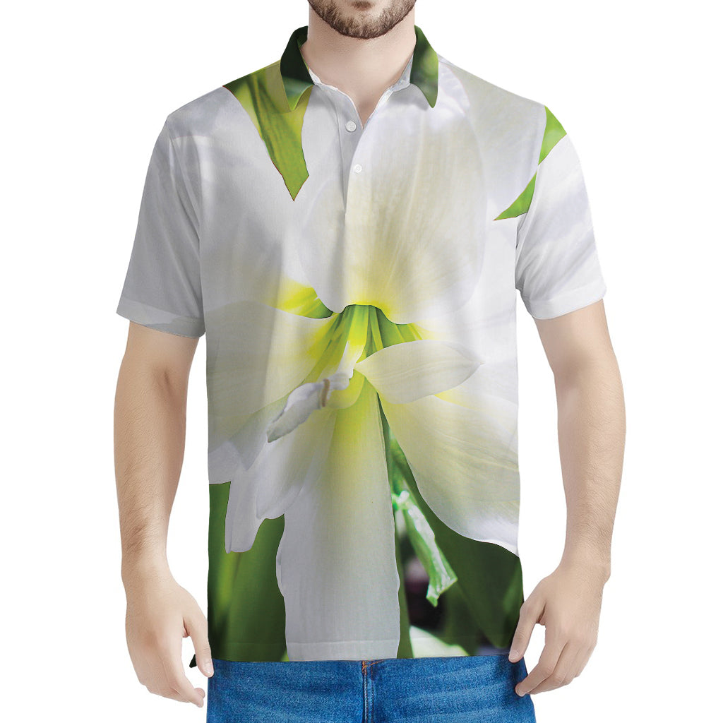 White Amaryllis Print Men's Polo Shirt