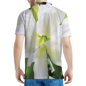 White Amaryllis Print Men's Polo Shirt