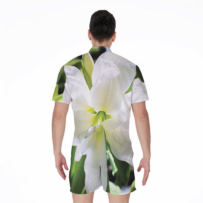 White Amaryllis Print Men's Rompers