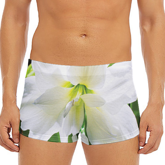 White Amaryllis Print Men's Short Boxer Briefs