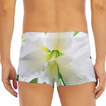 White Amaryllis Print Men's Short Boxer Briefs