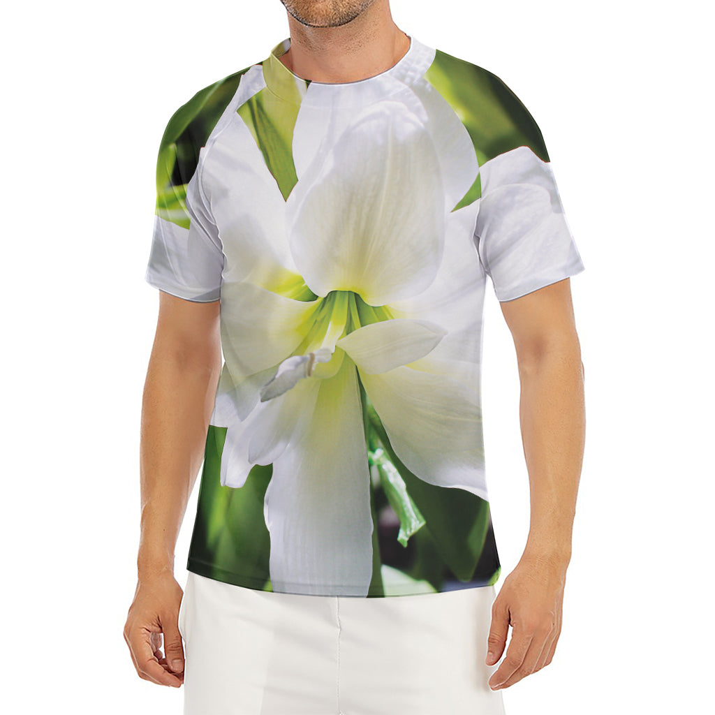 White Amaryllis Print Men's Short Sleeve Rash Guard