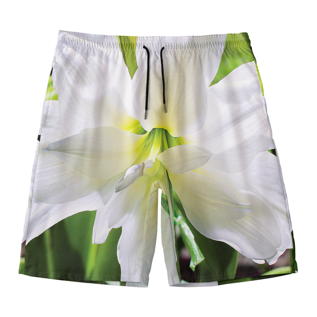 White Amaryllis Print Men's Swim Trunks