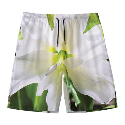 White Amaryllis Print Men's Swim Trunks